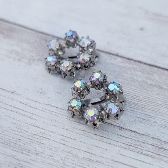 Vintage Clip On Earrings Dark Metal and Iridescent Gems - Picture 2 of 5